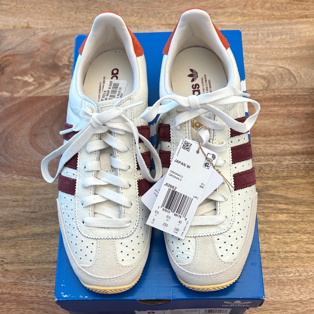 Adidas Japan originals cream, orange and burgundy sneakers women’s size 8. NWT.